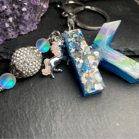 Custom Made Colorful Unicorn Keychain with Glitter Letter K - Picture 9 of 11